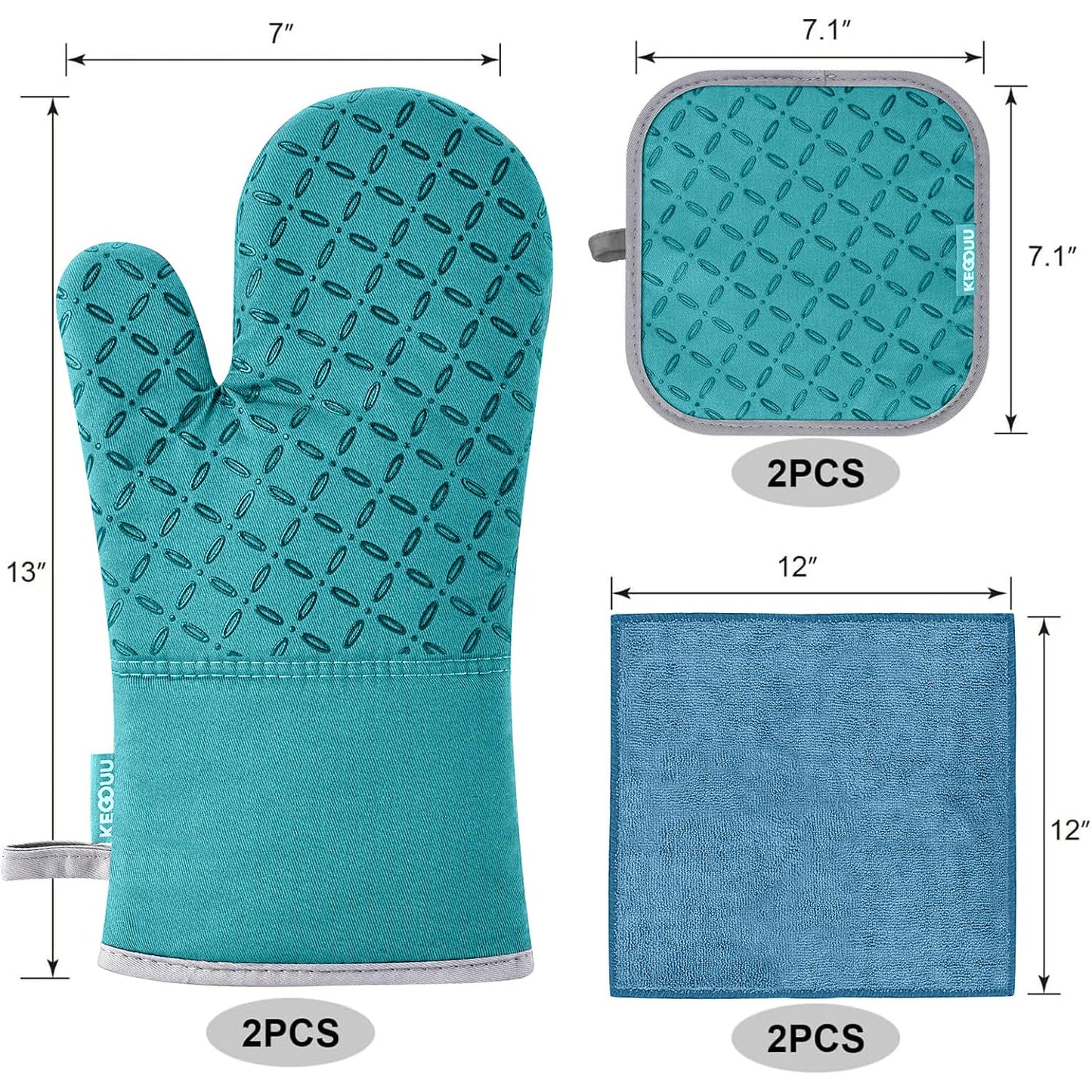 KEGOUU Oven Mitts and Pot Holders 6pcs Set, Kitchen Oven Glove High Heat Resistant 500 Degree Extra Long Oven Mitts and Potholder with Non-Slip Silicone Surface for Cooking (Lake Blue)