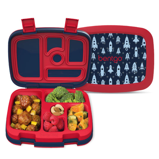 Bentgo Kids Prints Leak-Proof, 5-Compartment Bento-Style Kids Lunch Box - Ideal Portion Sizes for Ages 3-7, Durable, Drop-Proof, Dishwasher Safe, & Made with BPA-Free Materials (Rocket)