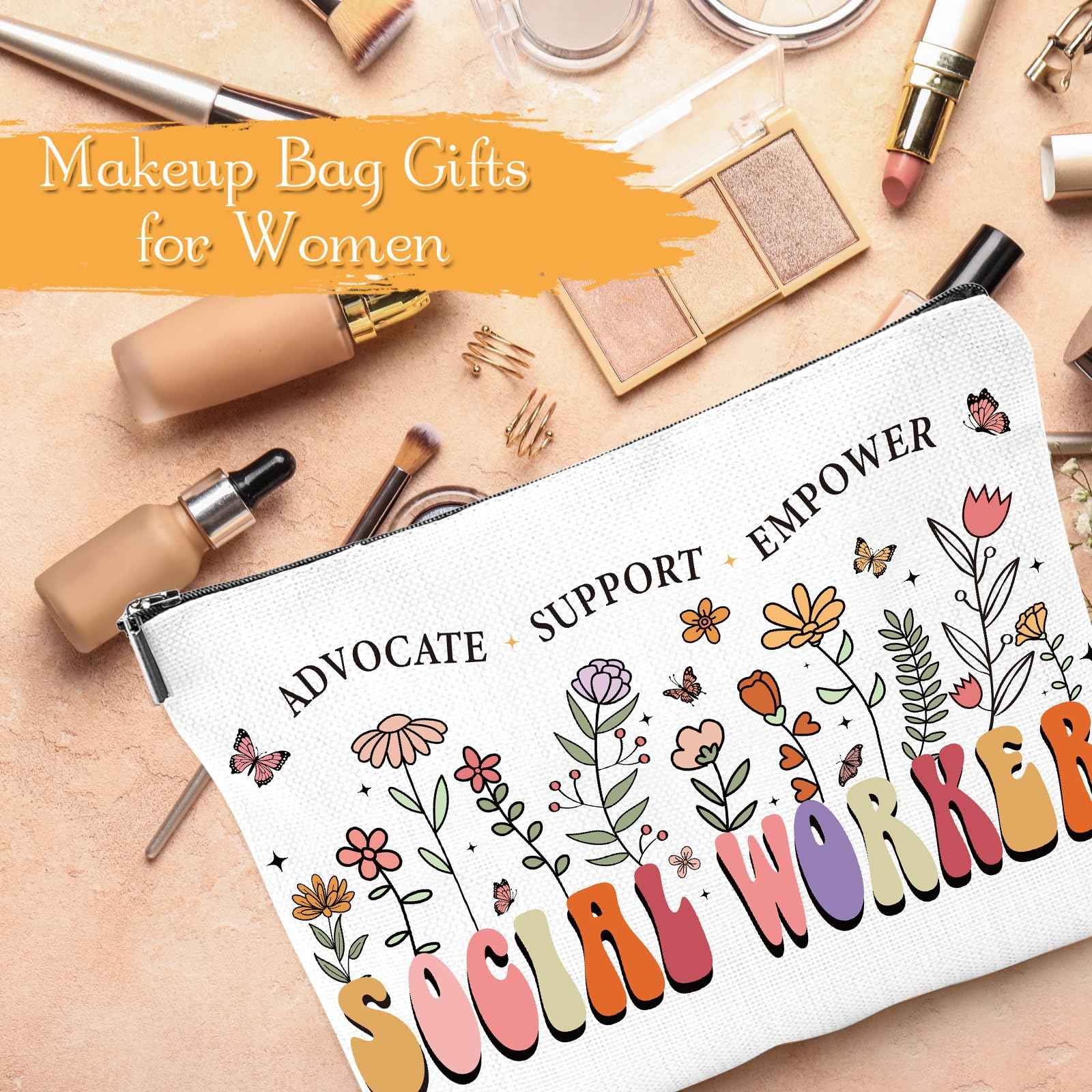 Falueqg Social Worker Appreciation Gifts - 3Pcs Social Worker Gifts for Women, Social Workers Canva Makeup Bag Keychain Bracelet for Social Worke Volunteer Nurse Teacher Graduation Christmas Gift