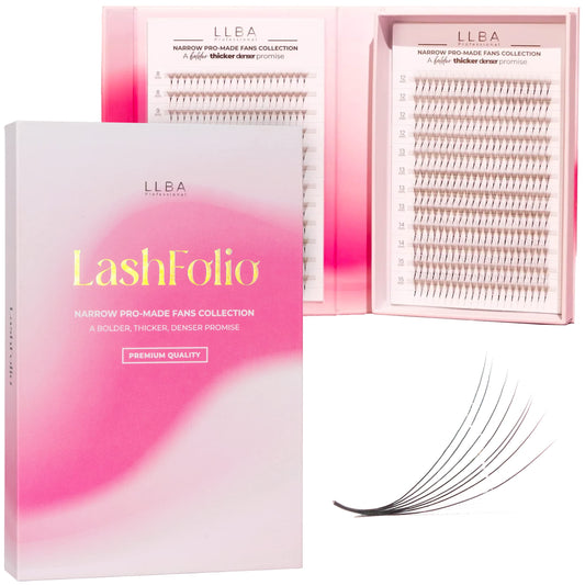 LLBA LashFolio Narrow Promade Fans | Handmade Volume Eyelashes | Multi Selections 5D~10D | C CC D Curl | Thickness 0.03~0.07mm | 8-15mm Length | Long Lasting & Easy Application (10D-0.03 CC 10mm)