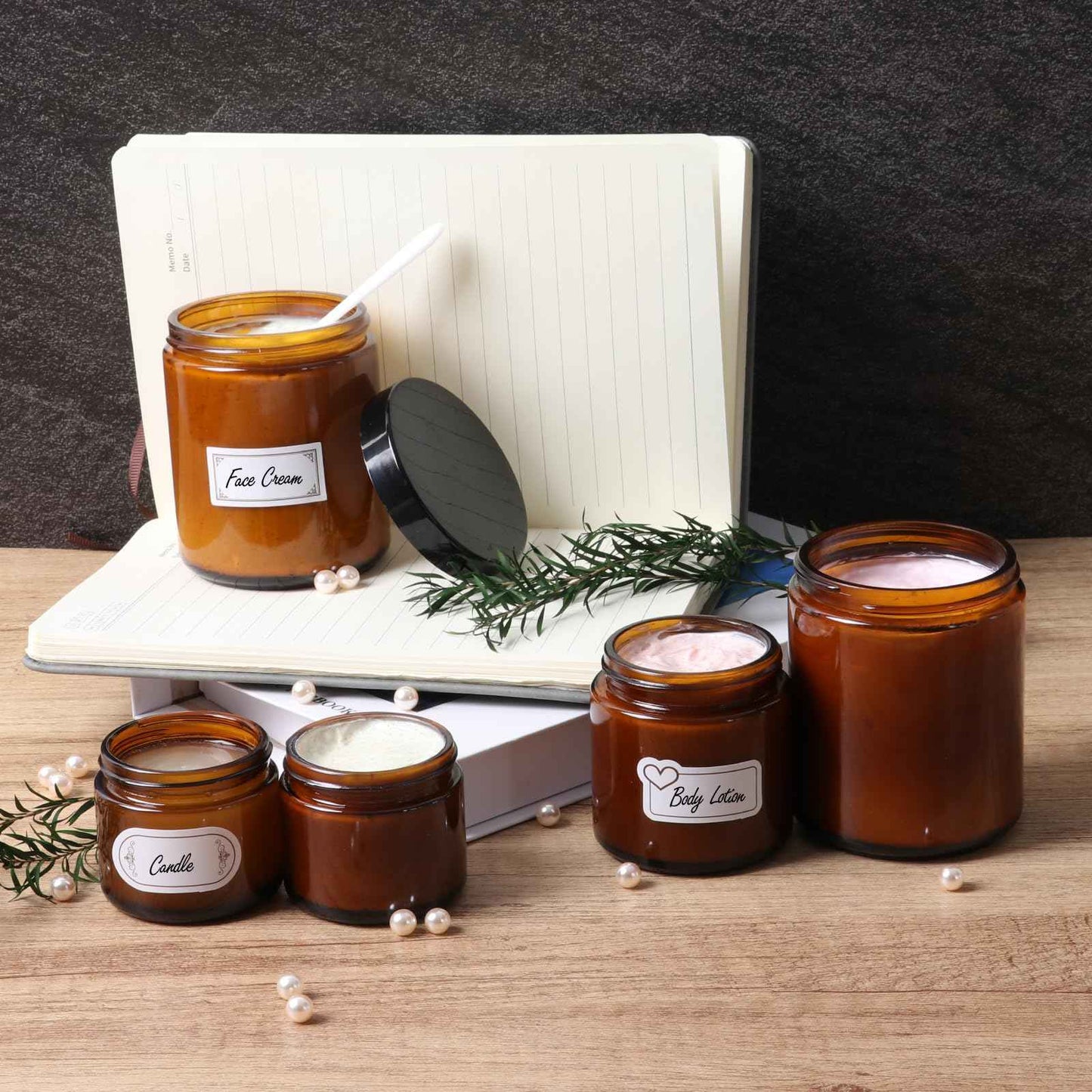 3 Pack 2 oz Amber Glass Jars with lids, Cosmetic Jars with Inner Liners and Black Lids, Lotion Jars, Candle Making Jars for Lotions, Scrubs and Cosmetic, Lables and Spatulas Include