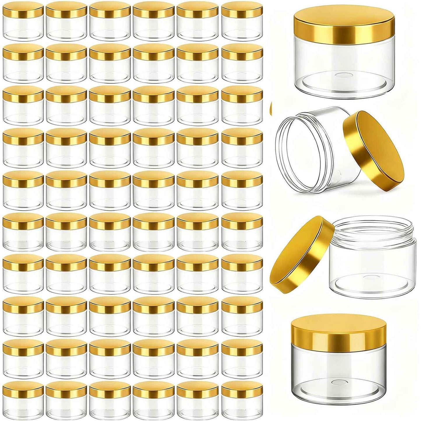 Patelai 60 Pcs Plastic Container Jars with Lids Round Clear Travel Cosmetic Container Jars for Toiletries, Lotion, Cream, Ointments, Makeup, Rhinestone, Samples, Kitchen Storage(Gold,2 oz)
