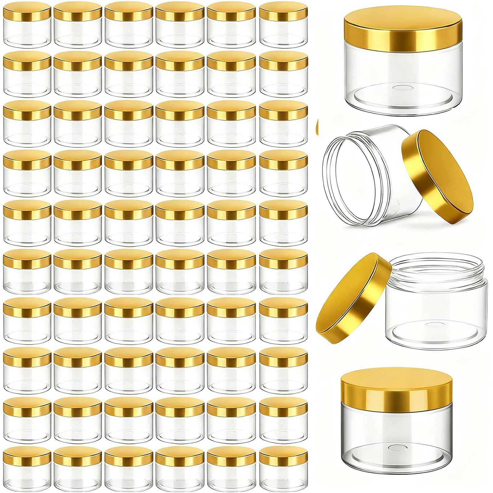 Patelai 60 Pcs Plastic Container Jars with Lids Round Clear Travel Cosmetic Container Jars for Toiletries, Lotion, Cream, Ointments, Makeup, Rhinestone, Samples, Kitchen Storage(Gold,2 oz)