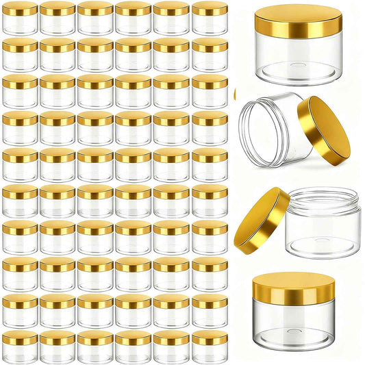 Patelai 60 Pcs Plastic Container Jars with Lids Round Clear Travel Cosmetic Container Jars for Toiletries, Lotion, Cream, Ointments, Makeup, Rhinestone, Samples, Kitchen Storage(Gold,2 oz)