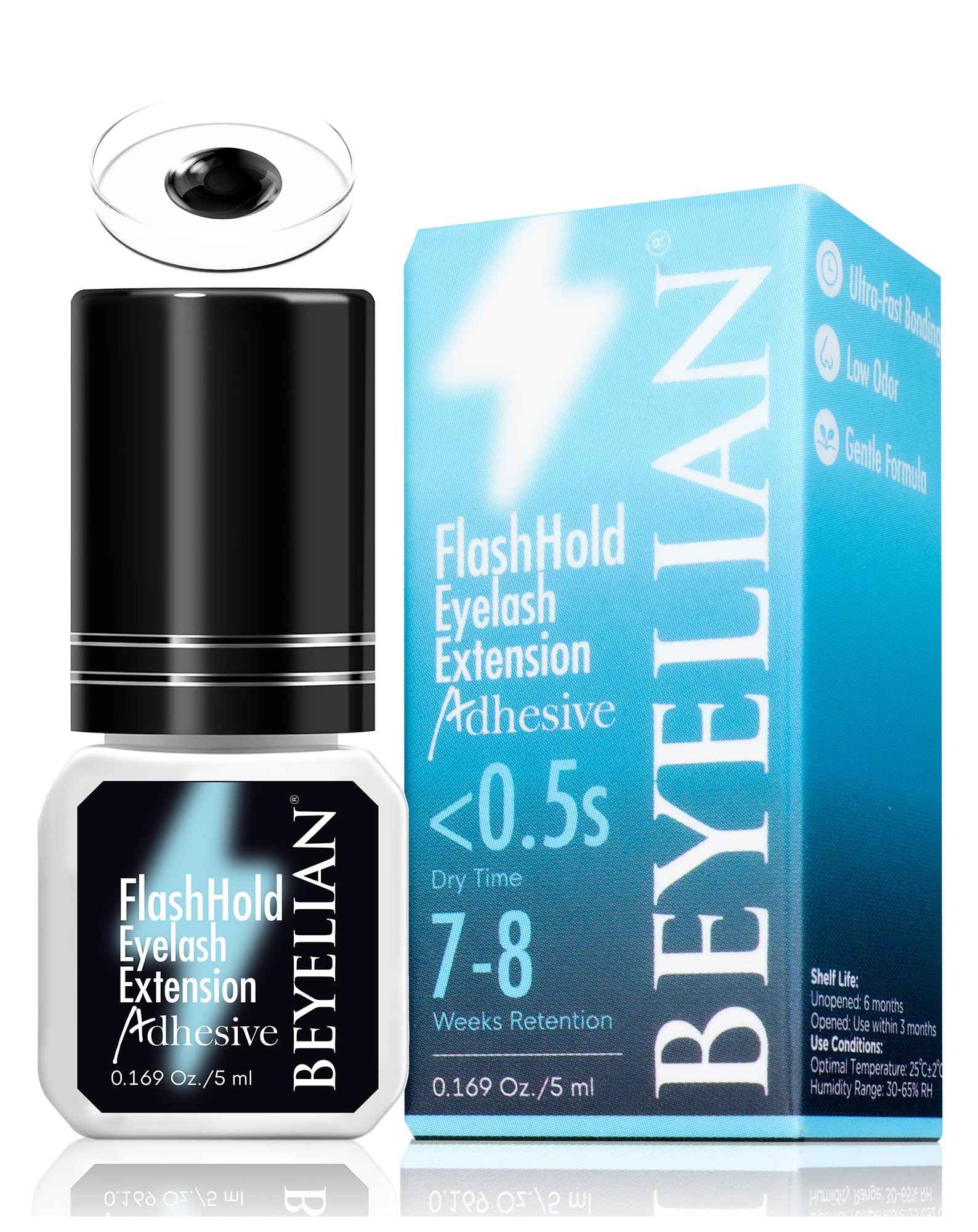 BEYELIAN Sensitive Eyelash Extension Glue 0.17fl.oz/5ml / 0.5Sec Drying Time/Retention – 7-8 Weeks/Black Adhesive/Hypoallergenic Formaldehyde-Free Lash Extension Glue for Professional Use Only
