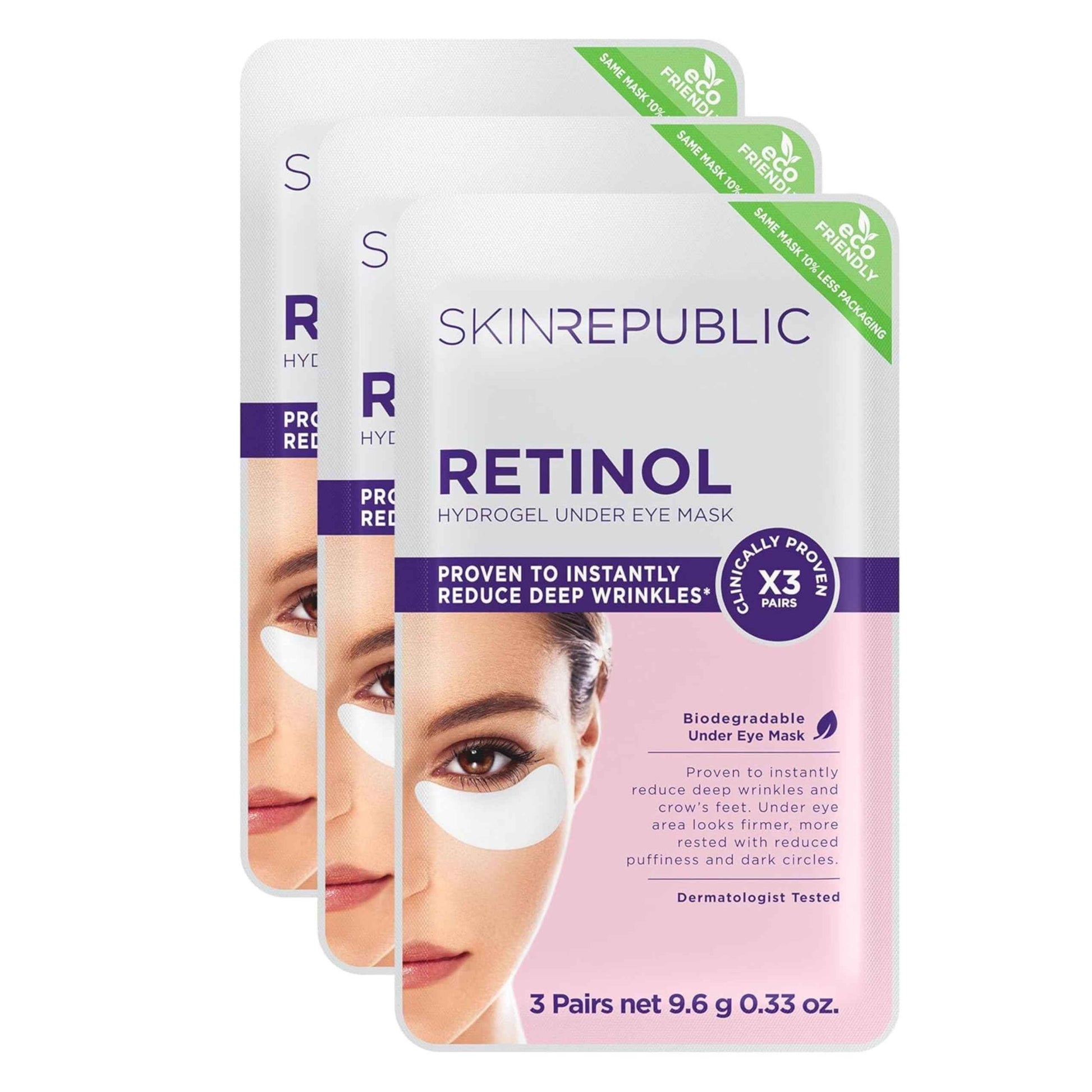 Skin Republic Retinol Under Eye Mask. Clinically Proven to Reduce Crow’s Feet and Deep Wrinkles. Made in Korea. 3 Pack (9 pairs of under eye masks).