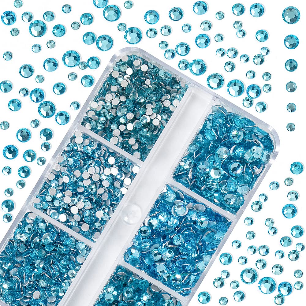 6Grids 3000Pcs Clear Flatback Rhinestones , Lake Blue Nail Gems Crystals Jewels, Craft Glass Diamonds Stones Bling Rhinestone with Tweezers and Picking Pen For Nail Face Makeup(1.8mm~4mm Crystal)