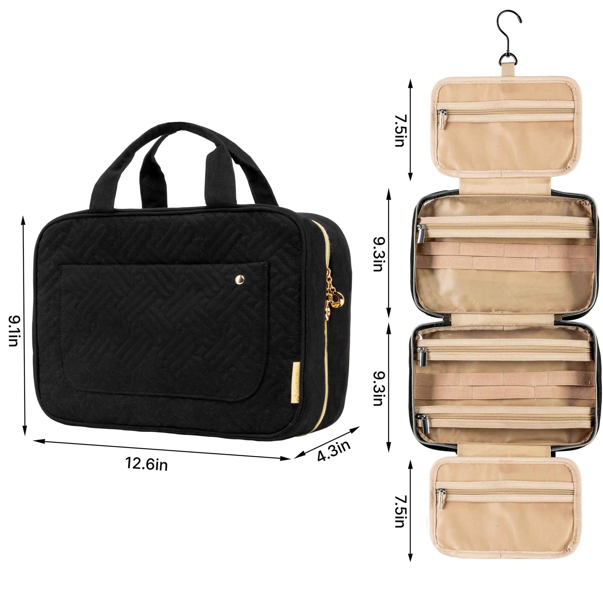 Carrywell |Not Made In China| Hanging Toiletry Travel Bag For Women, Makeup Organizer Case, Water-Resistant Cosmetic Bag For Full-size Containers, Toiletries (Black, Large)