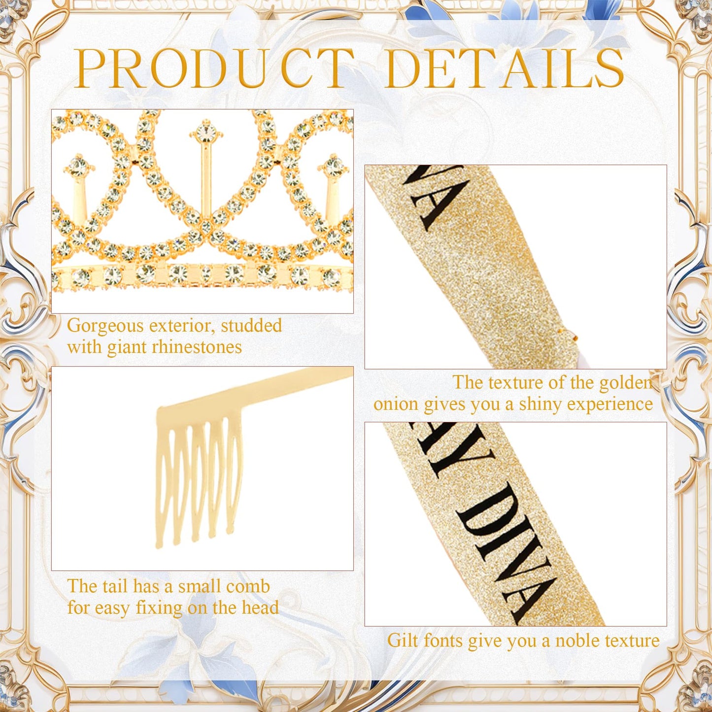 Retrowavy 2 Pcs Birthday Diva Sash Rhinestones Tiara Women Birthday Decoration Kit for Birthday Party Accessories(Gold)