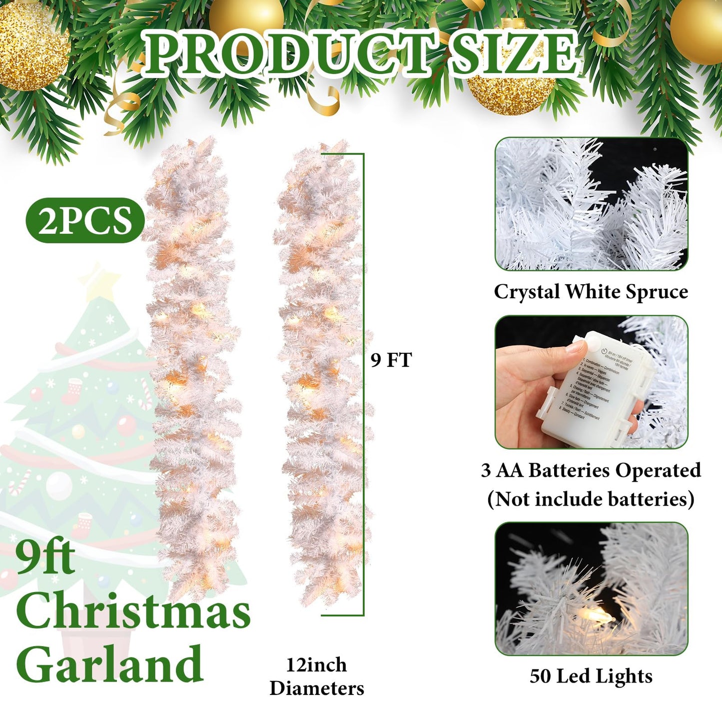 Hotop 9 ft Faux Spruce Artificial Christmas Garland LED Garland Warm Pine Prelit Battery Operated Lighted Garland for Seasonal Indoor Home Fireplace Mantle Tree Stair Decor (2 Pcs,White)