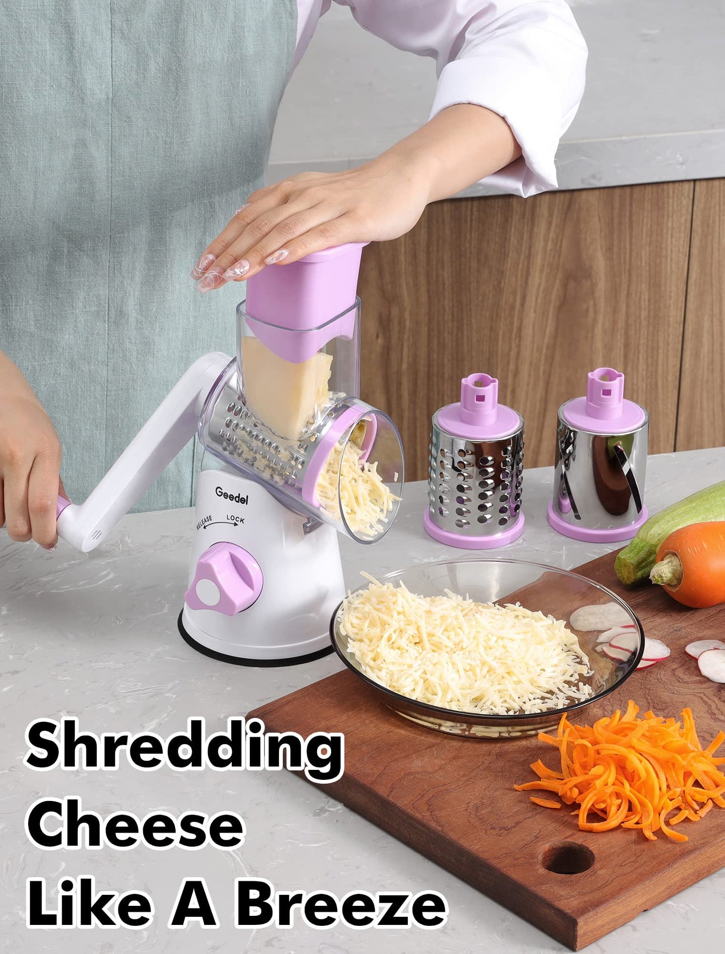 Geedel Rotary Cheese Grater, Kitchen Mandoline Vegetable Slicer with 3 Interchangeable Blades, Easy to Clean Rotary Grater Slicer for Fruit, Vegetables, Nuts