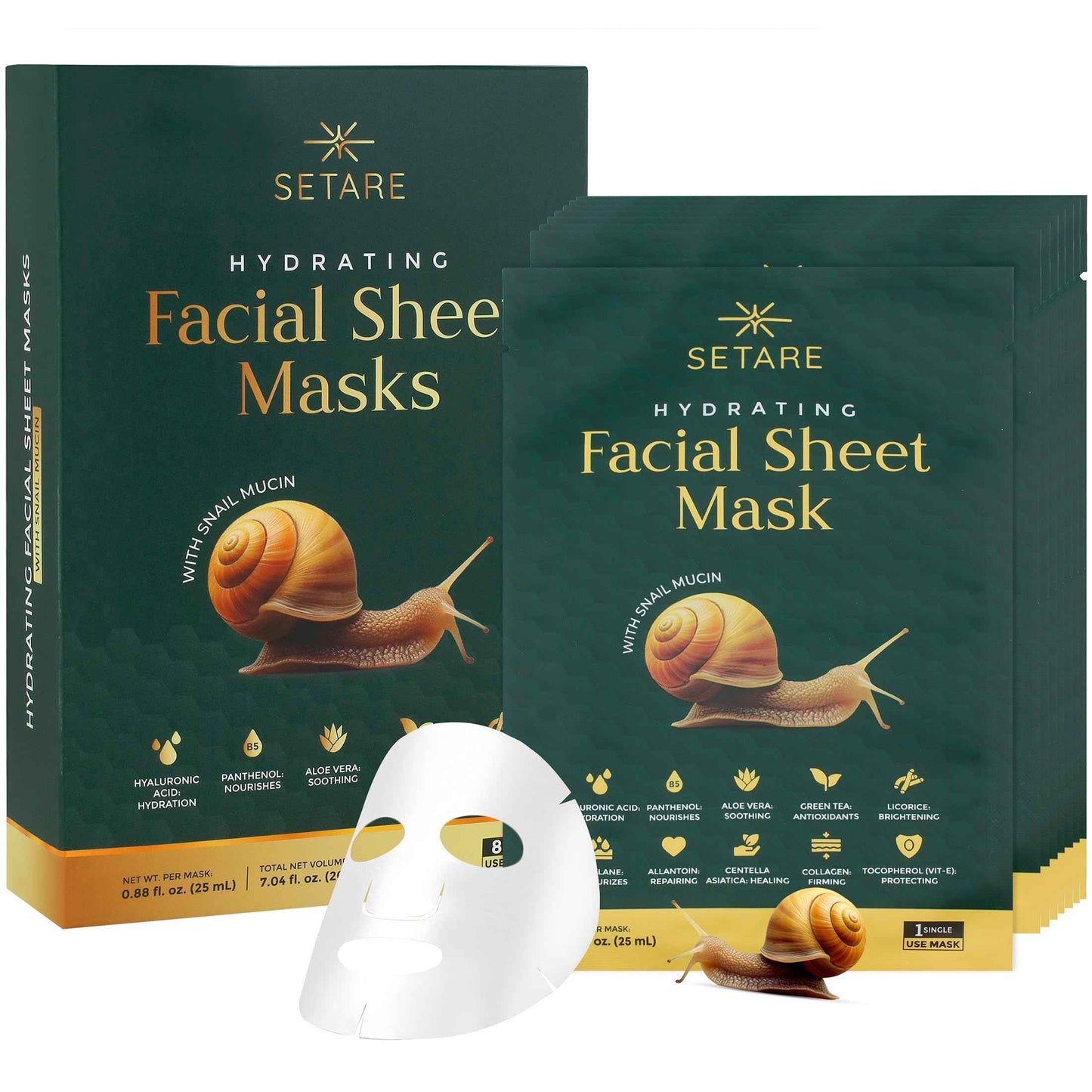 Setare Hydrating Sheet Masks with Snail Mucin, Collagen, Hyaluronic Acid & Premium Botanicals, Korean Beauty Tech, for All Skin Types - 8 Pack