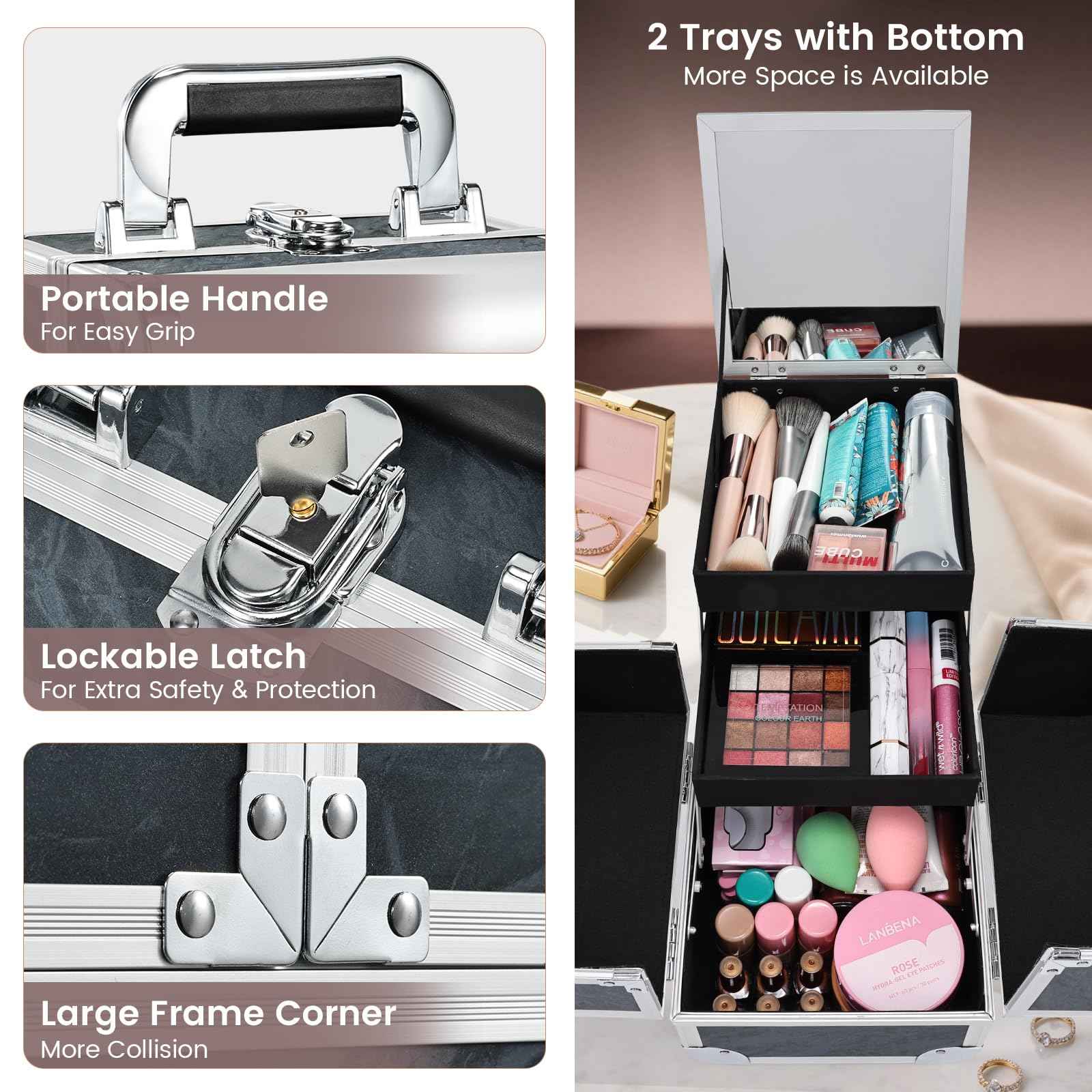 Costravio Makeup Case Train Case Portable Makeup Box with Mirror Lock Box Travel Cosmetic Train Cases Hard Make Up Organizer for Girls Nail Craft Storage Vanity Misty Hills Black