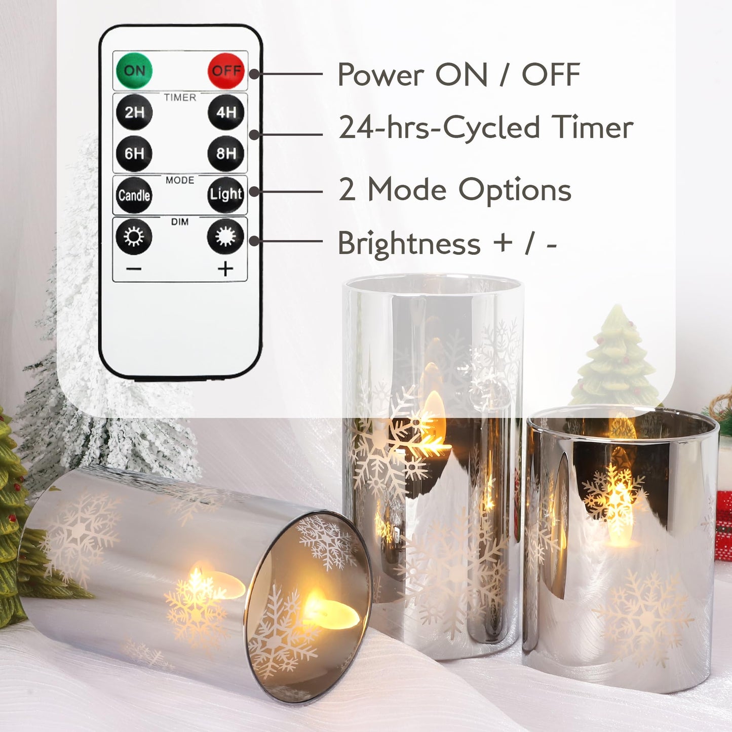 REVELBUNNY Christmas Flameless Candles Snowflake Battery Operated LED Flickering Candles with Remote Timer, Electroplate Glass Pillar Candle for Home Wedding Party Winter Holiday Decor Set of 3