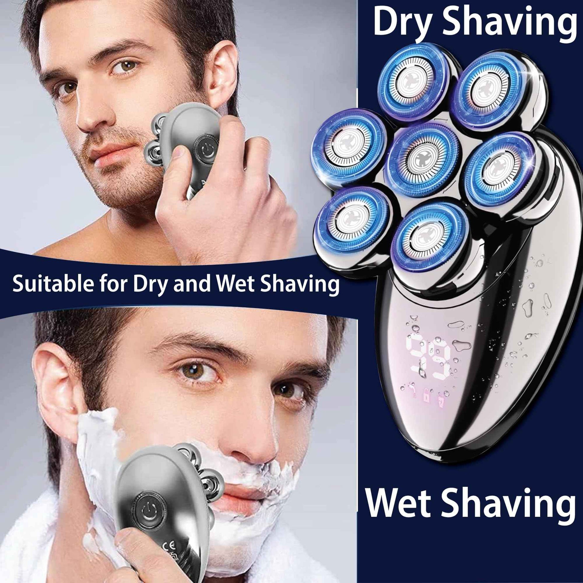 ROSHNI Head Shavers for Bald Men - Upgraded Detachable Head Shaver for Men - IPX7 Waterproof Electric Razor - 7D LED Display Rechargeable Grooming Kit with USB Charging Cable