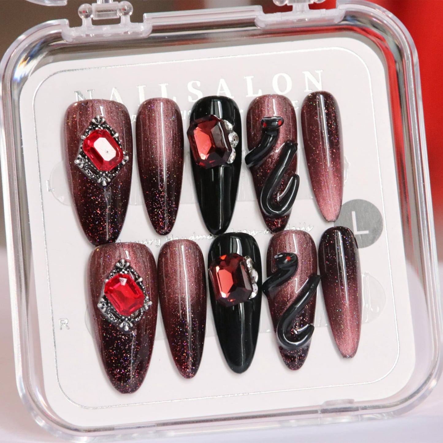 CAMILCY Handmade Nails Press on Almond Shaped Black and Red Snake Design Hand Painted Reusable Gel UV Finished Pre Shaped False Nails for Women 10Pcs 3D Handmade Nails (A002 L)