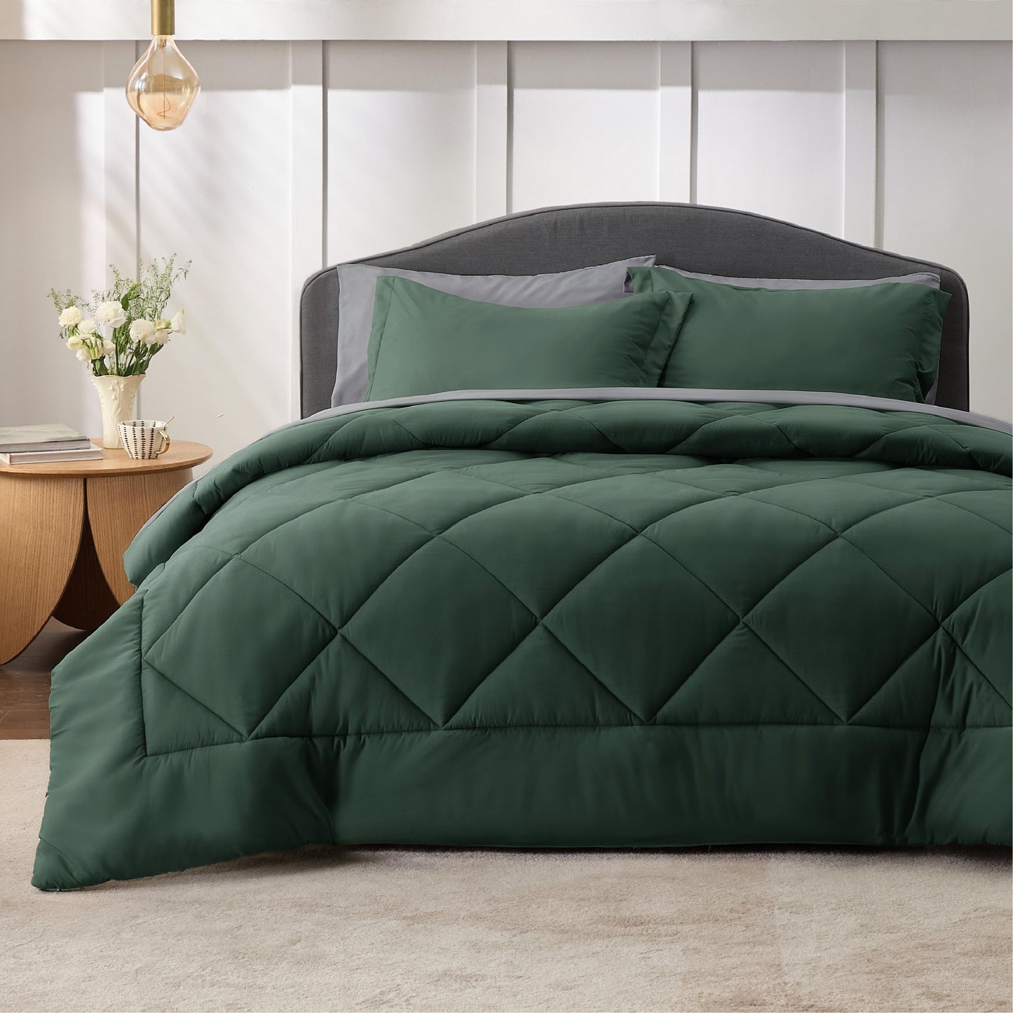 Bedsure Forest Green Twin Comforter Set - 5 Pieces Reversible Twin Bed in a Bag for College, Extra Long Twin Bed Set Forest Green and Grey with Comforters, Sheets, Pillowcase & Sham