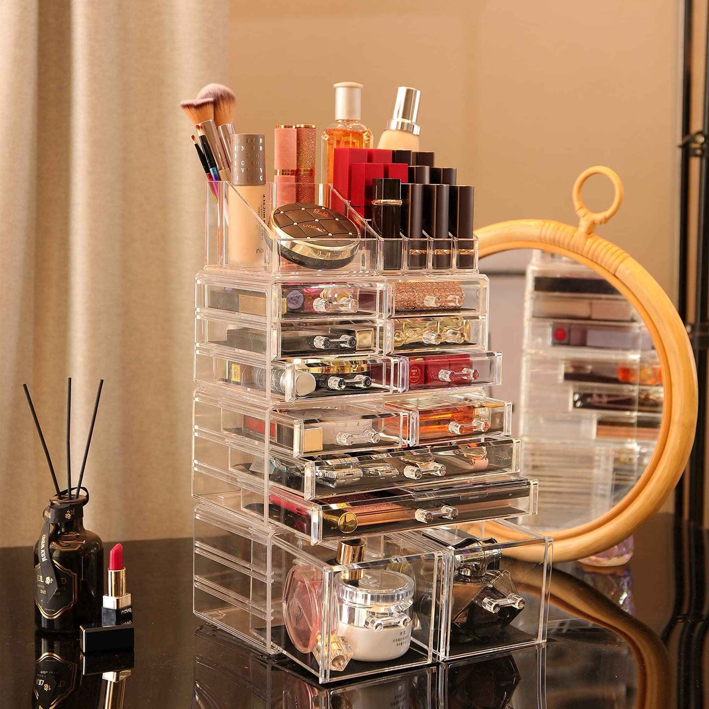 Cq acrylic 4 Pack Clear Makeup Organizer Countertop,Stackable 12 Drawers Skincare Organizer,Cute Skin Care Organizer for Vanity Hair Clip,Jewelry,Beauty Product Desk and Make Up Organizers for Vanity