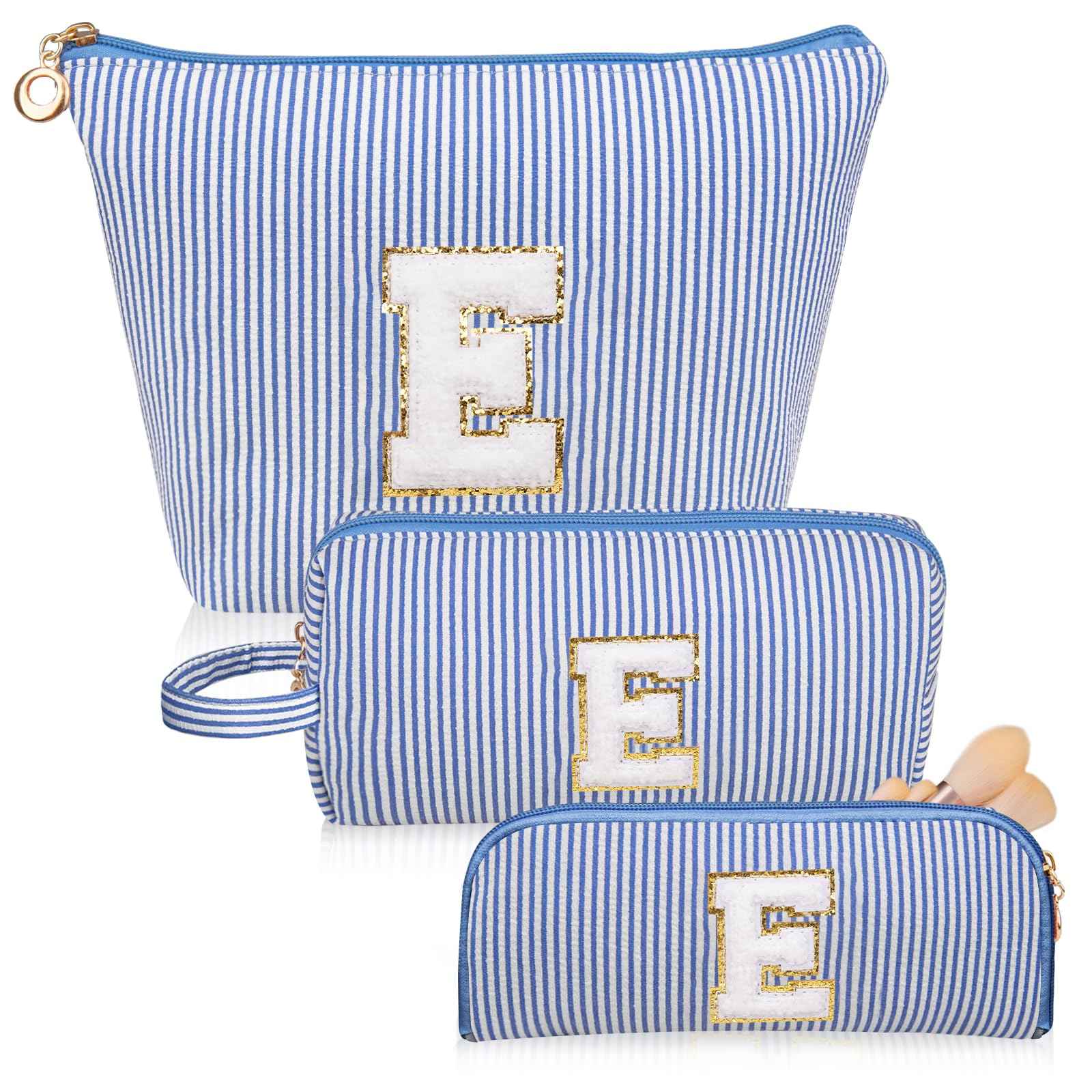 Junesters Initials Makeup Bag Set, Personalized Blue Cosmetic Bag, Cute Large Make up Bags, Travel Toiletry Bag for Women Girl Gifts E (Blue)