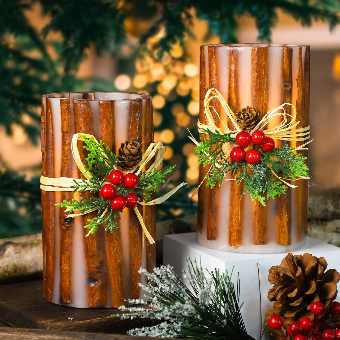 Silverstro Christmas Fake Candles with Remote Embedded Cinnamon Bark Blinks Real Wax Decorative Candles for Home Party Xmas Holiday Decorations - D3.23 X H6 Set of 2