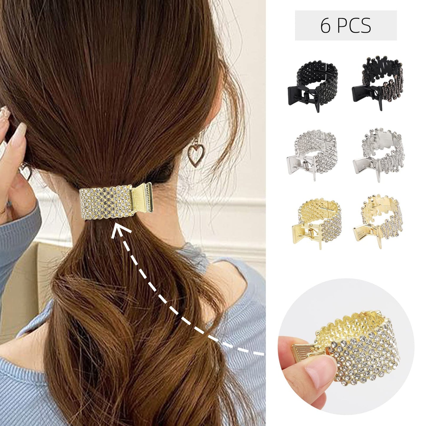 6PCS Small Hair Claw Clips for High Ponytail, Rhinestone Shark Hair Clips for Women Girls Thick Long Hair