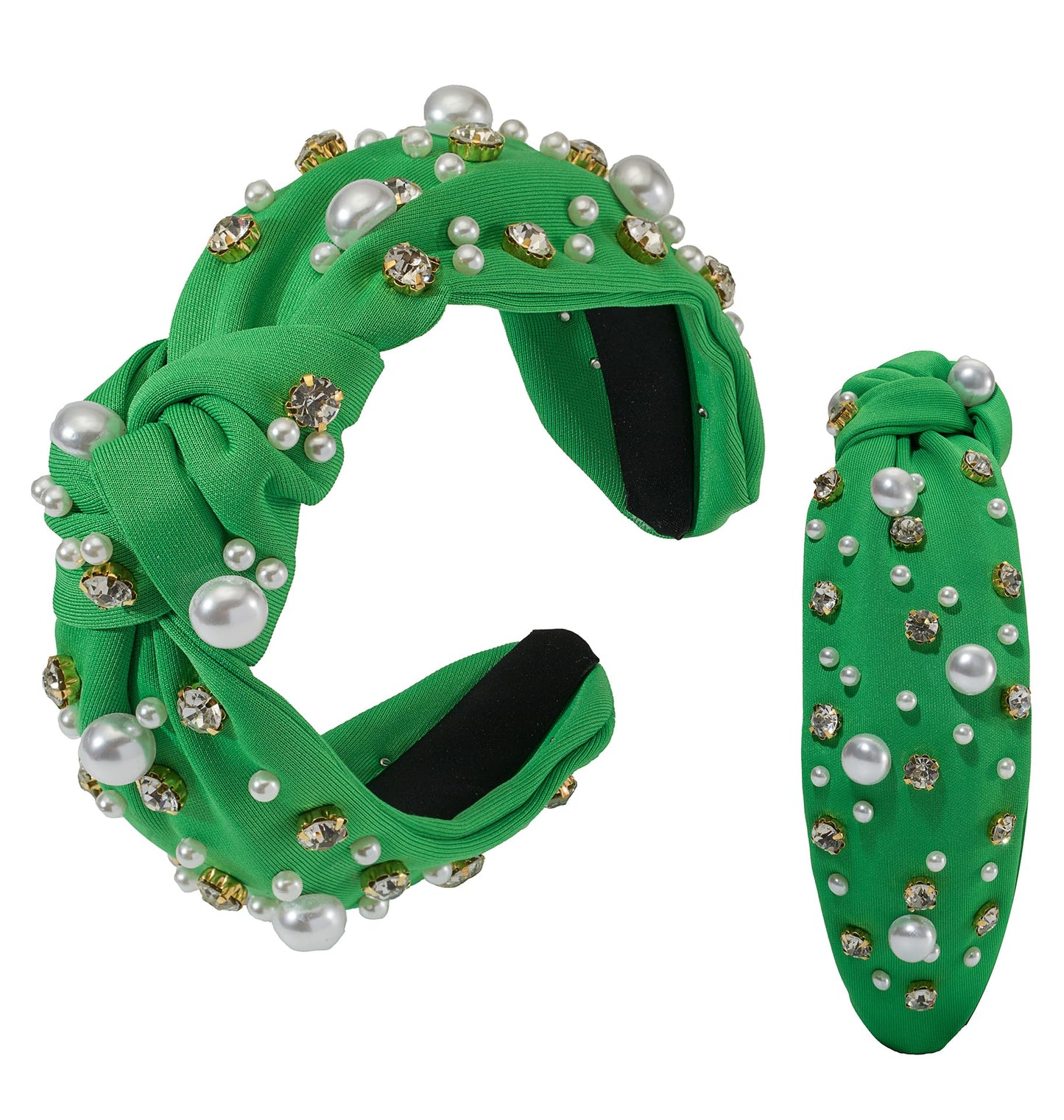 Mixcbe Holiday Green Headband Pearl Knotted Jeweled Headband for Women Pearl Crystal Embellished Hairband Fashion Elegant Ladies Wide Knot Headband Gifts For Christmas St.Patrick's Day