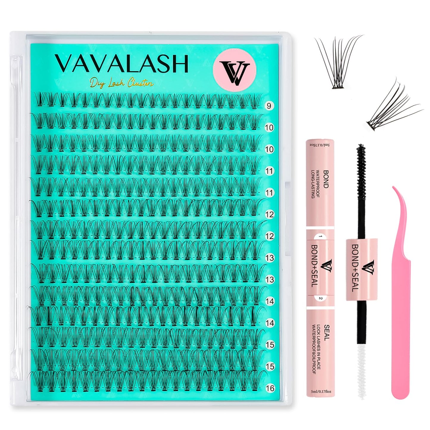 VAVALASH DIY Lash Extension Kit Individual Cluster Lashes Kit 10D 0.07-D-9-16mm Lash Clusters, Lash Bond and Seal, Lash Tweezer for DIY Eyelash Extension at Home（Kit-10D-0.07-D-9-16MIX）