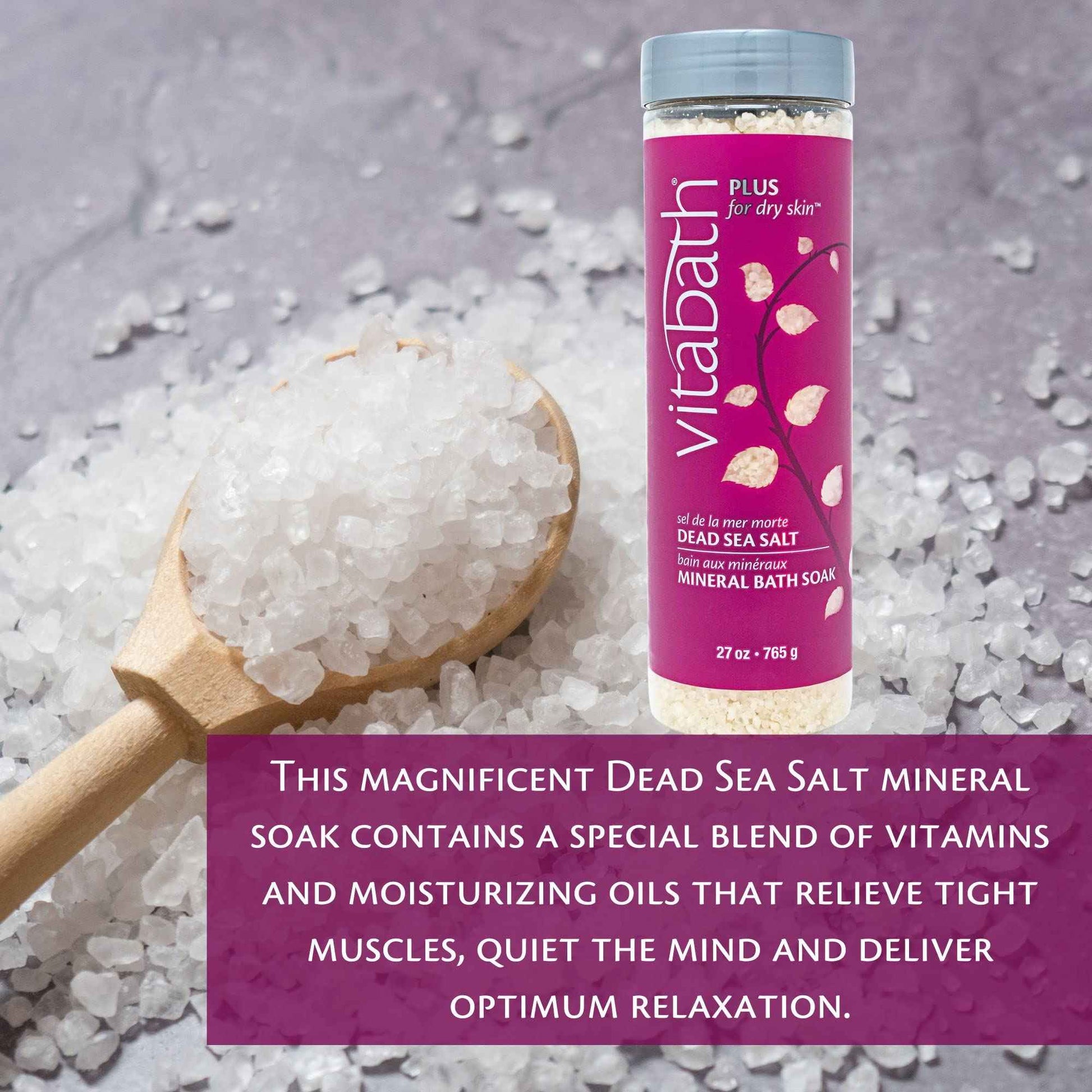 Vitabath Plus for Dry Skin Mineral Bath Soak Reviving Muscle Recovery, Soreness, Tension Relaxing Dead Sea Salts & Skin Nourishing Botanical Oils for Women & Men - Cruelty-Free - 27 oz