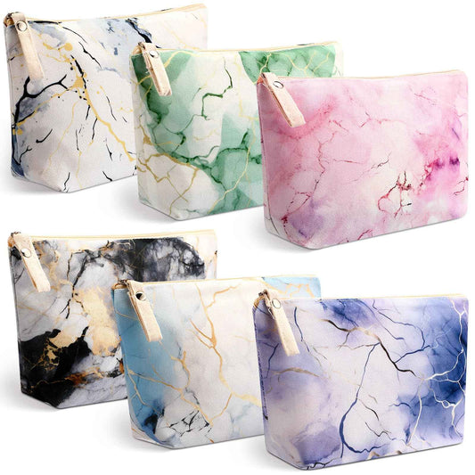 Boao 6 Pieces Canvas Cosmetic Bags Pouches for Purse with Zipper Printed Makeup Bag Multi Function Canvas Travel Pouch Organizer Pouch for Women Vacation Travel, 6 Styles(Marbling Style)
