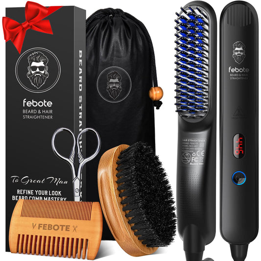 FEBOTE Innovation Beard&Hair Straightener for Men w/Natural Boar Bristle Brush, Pear Wood Comb, Mustache Scissors and Travel Bag, Professional Beard Care Set for Him, Men's Fashion and Grooming Gifts