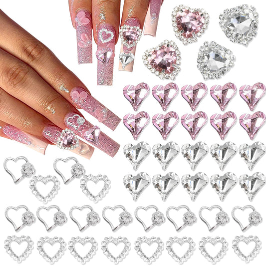 RODAKY 44PSC Pink Nail Charms Valentine's Day 3D Heart Charms with Rhinestone Silver Heart Nail Art Jewelry Shiny Nail Decoration Accessories for Women and Girls