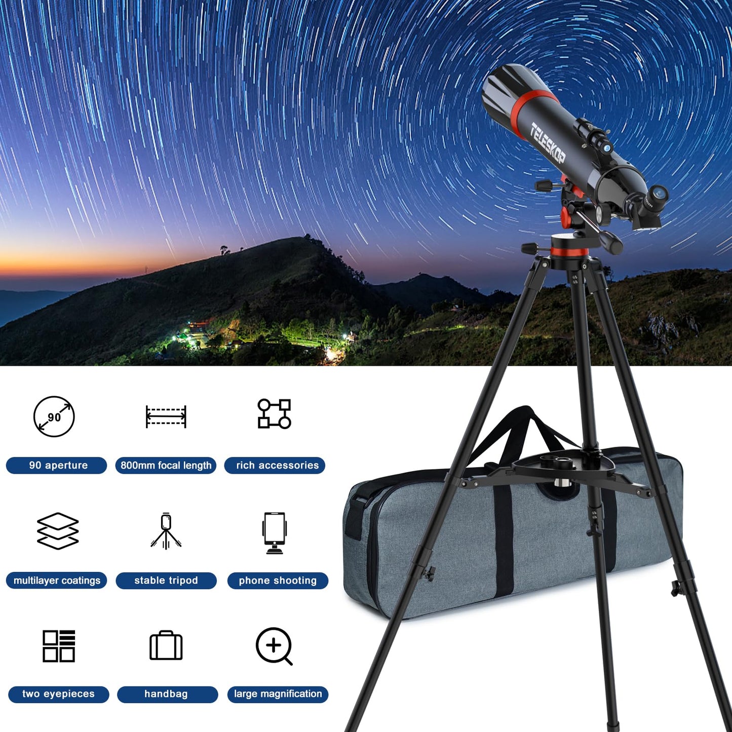 Telescope 90mm Aperture 800mm Telescope for Adults with High Powered, Refractor Telescopes for Kids & Beginners, Multi-Coated High Transmission AZ Mount Portable Telescope Includes Carry Bag