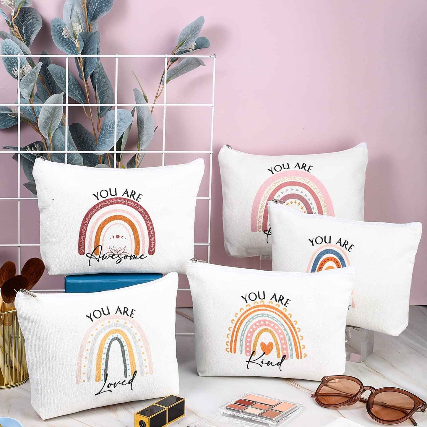 Coume 40 Pcs Rainbow Canvas Makeup Bags Bulk Christmas Inspirational Quotes Cosmetic Bag Pouches with Zipper Employees Appreciation Gifts for Women Coworker Staff Teacher Nurses