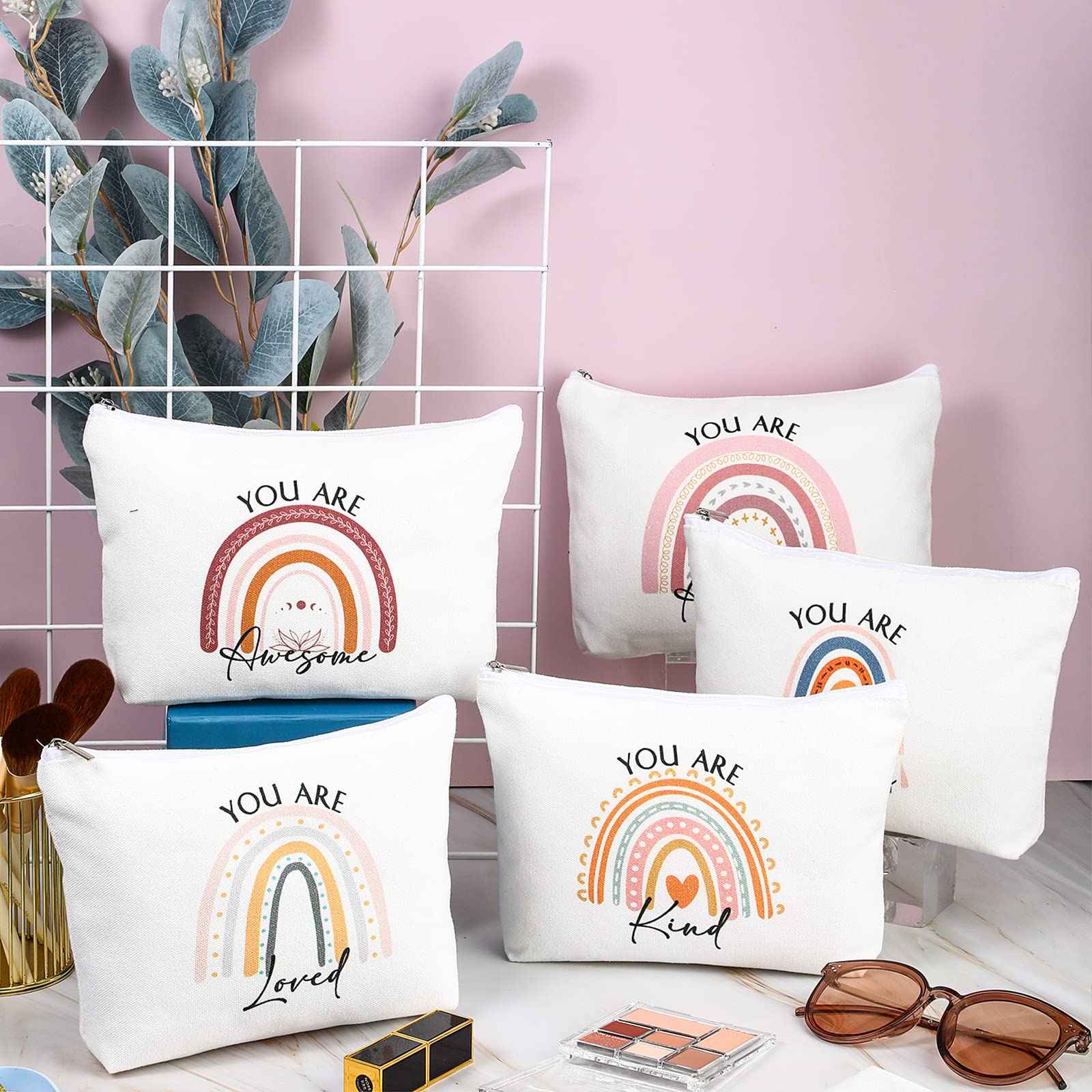 Coume 40 Pcs Rainbow Canvas Makeup Bags Bulk Christmas Inspirational Quotes Cosmetic Bag Pouches with Zipper Employees Appreciation Gifts for Women Coworker Staff Teacher Nurses