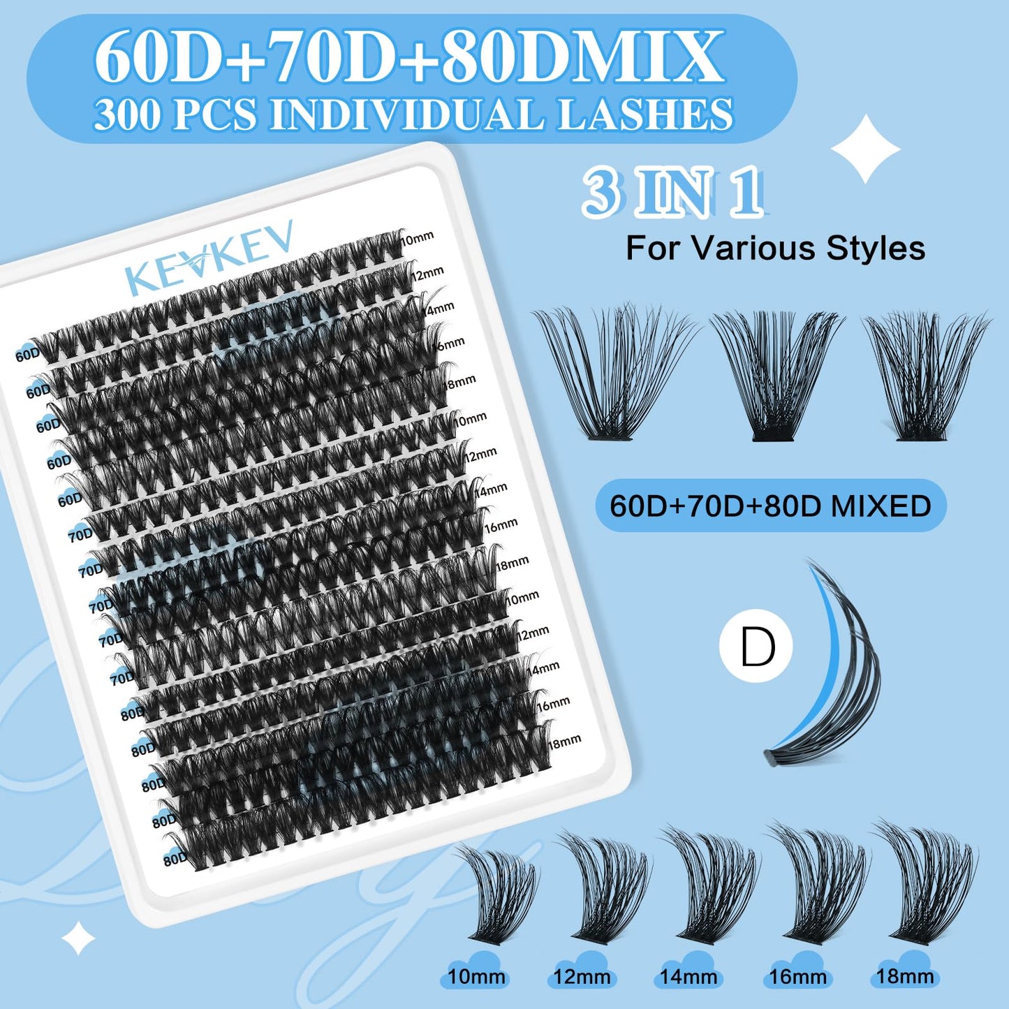 KevKev Lash Extension Kit 300Pcs Lash Clusters Kit DIY Eyelash Extension Kit with Lash Bond and Seal Eyelash Remover Lash Applicator Wispy Lashes Look Like Extensions (60D+70D+80D, D-10-18mix)