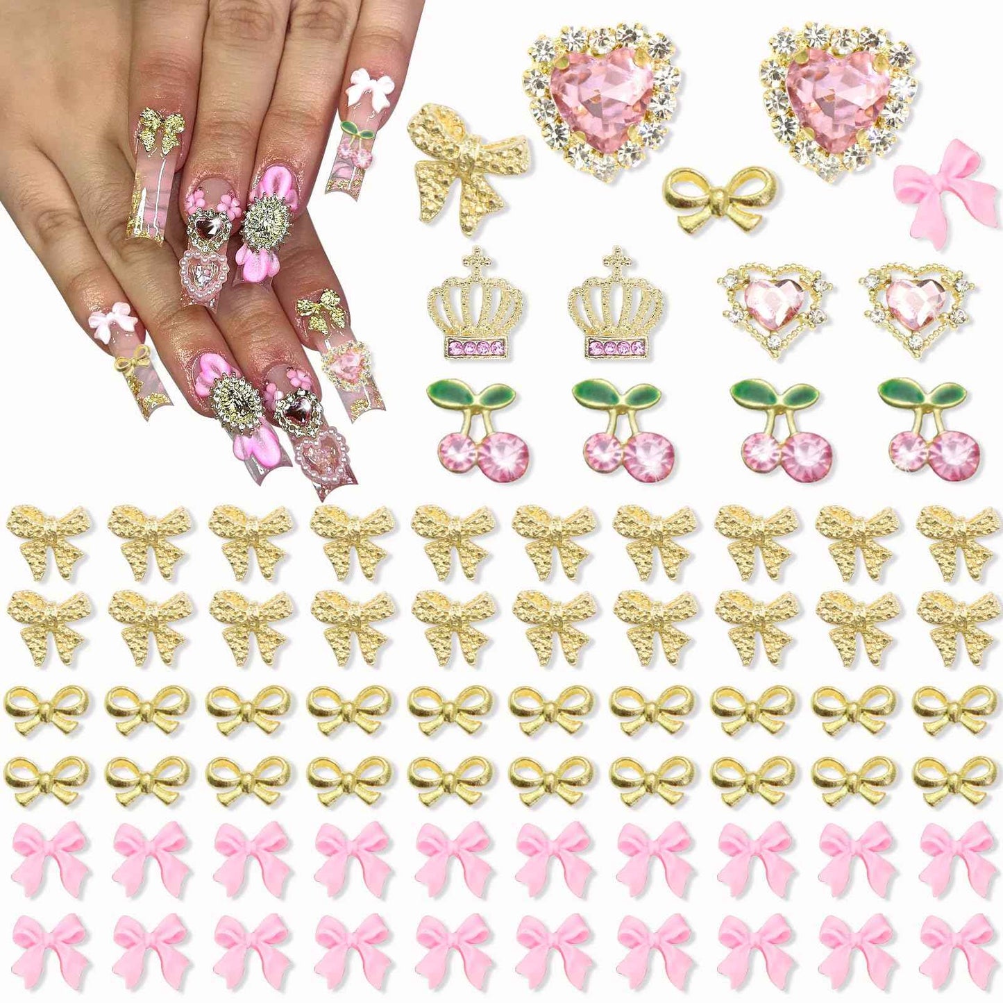 YAEISM 100PCS Gold Nail Charms 3D Valentine's Day Pink Heart Nail Charms Crystal Heart Nail Gems Shiny Bow Nail Charms Acrylic Bowknot for Women DIY Crafts Decoration