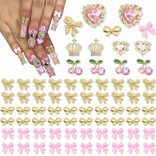 YAEISM 100PCS Gold Nail Charms 3D Valentine's Day Pink Heart Nail Charms Crystal Heart Nail Gems Shiny Bow Nail Charms Acrylic Bowknot for Women DIY Crafts Decoration