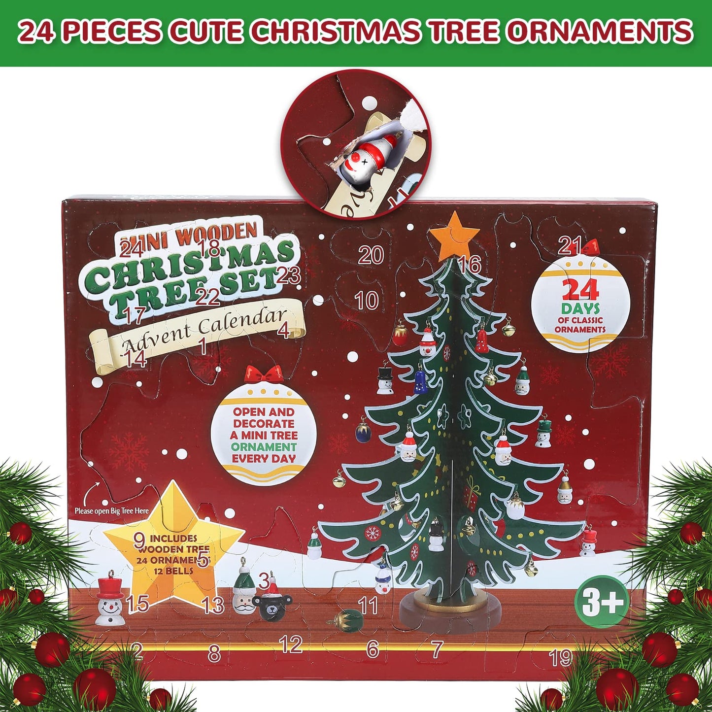 Christmas Advent Calendar Ornaments 2023,24 Days Countdown Advent Calendar with a Tabletop Wooden Christmas Tree and Ornaments Snowman Santa Decorations for Boys, Girls and, Xmas Gift