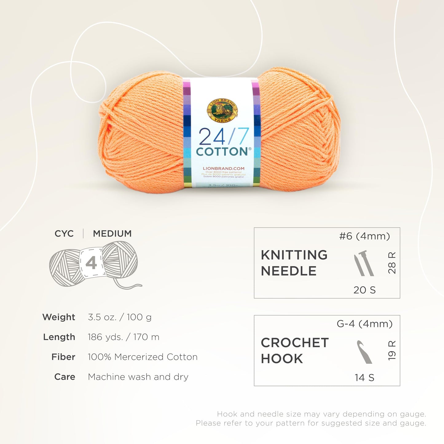 Lion Brand 24/7 Cotton Yarn, Lightweight Yarn for Knitting, Crocheting, and Crafts, Creamsicle, 1 Pack