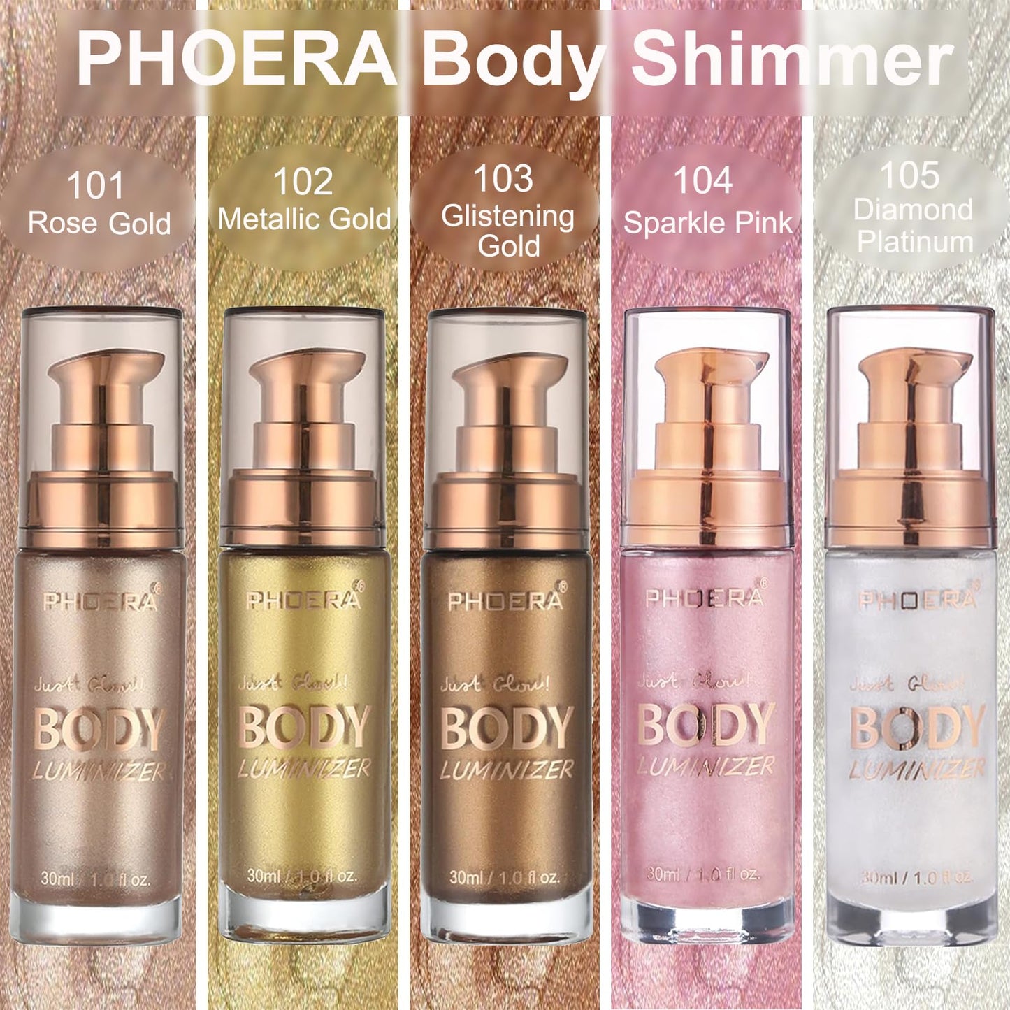 PHOERA Body Shimmer Oil, Body Bronzer Shimmer Oil,Body Glow Oil Shimmer Highlighter Luminizer Body Illuminator with Makup Bursh,Self Tanning Lotion,1oz/Jars (102 Metallic Gold)