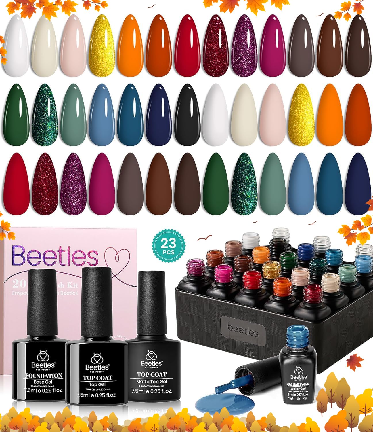 Beetles Fall Gel Nail Polish Set - 20 Colors Gold Burgundy Red Blue Orange Brown Glitter Gel Nail Polish Fall Gel Nail Polish Base Matte Glossy Top Coat Gel Nail Polish Soak Off Uv Gift for Women