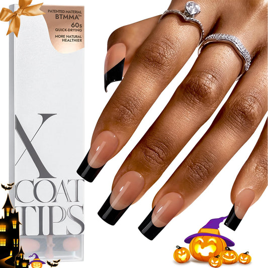 btartboxnails XCOATTIPS French Tip Nails - Long Press on Nails, Square Nail Tips Black, Halloween Press on Nails, Soft Gel False Nail Tips, Soak Off Acrylic Fake Nails