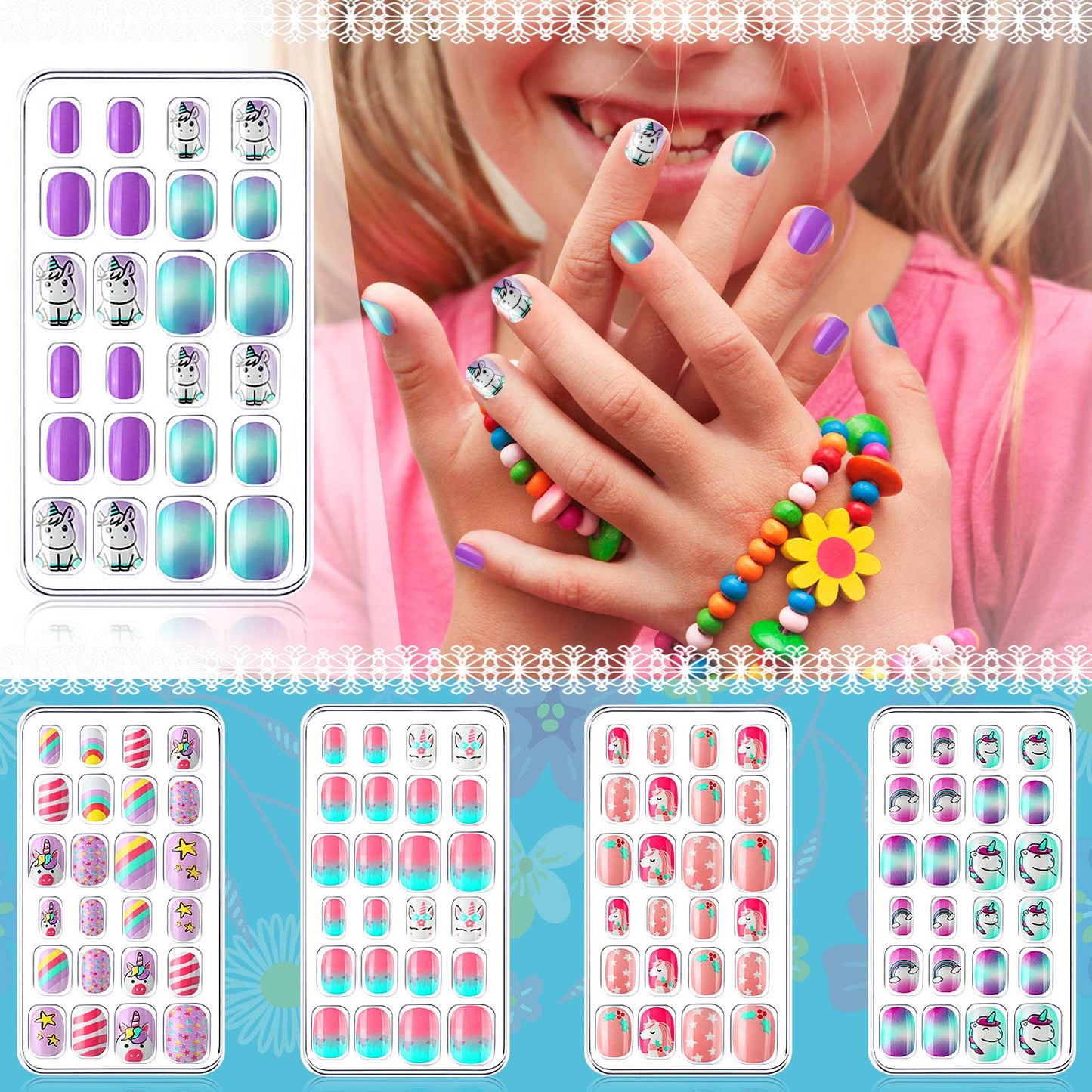 384 Pieces Kids Press on Nails Mini False Nails with Designs Press on Nails for Kids Stick on Short Fake Nails for Christmas Nail, 16 Boxes (Rabbit, Unicorn)