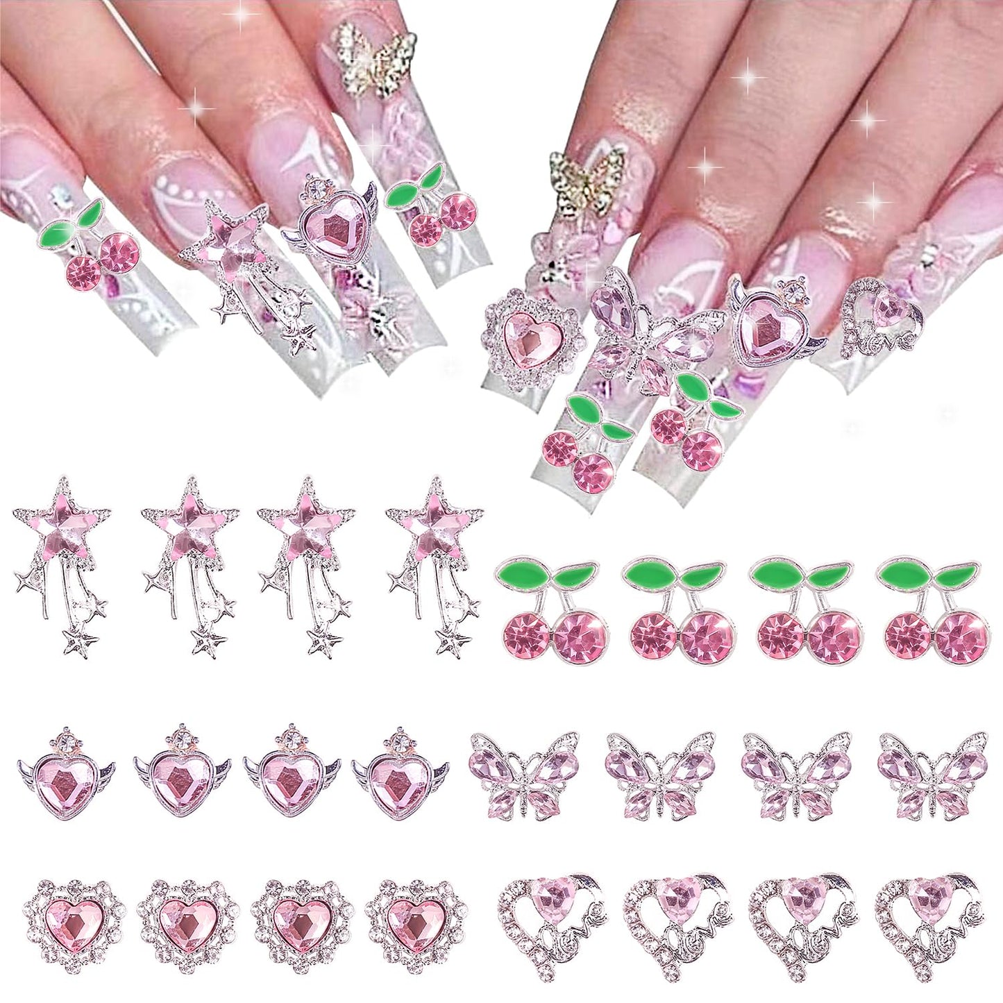 24PCS Pink and Silver Nail Charms for Acrylic Nails - Star, Cherry, Butterfly, and Heart Nail Art Decorations for DIY Manicure and Crafts