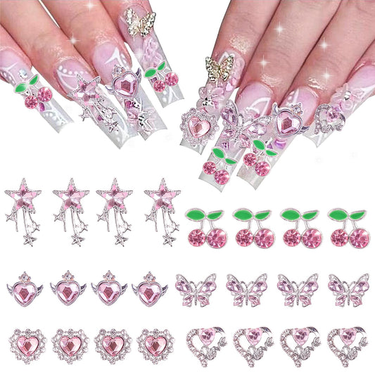 24PCS Pink and Silver Nail Charms for Acrylic Nails - Star, Cherry, Butterfly, and Heart Nail Art Decorations for DIY Manicure and Crafts