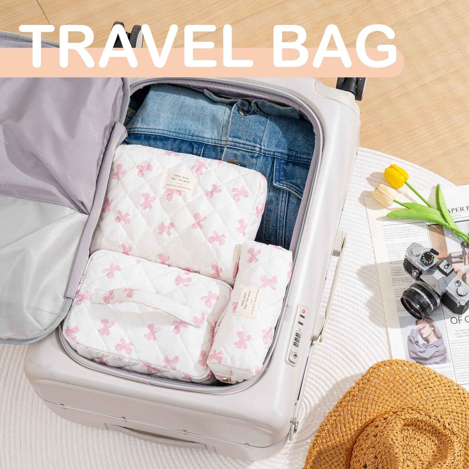 UUYUUY Makeup Bag for Women 3PCS Quilted Cotton Make Up Bag Travel Cosmetic Bag Large Makeup Bag Set Cute Bow Makeups Purse Organizer Floral Toiletry Pouch