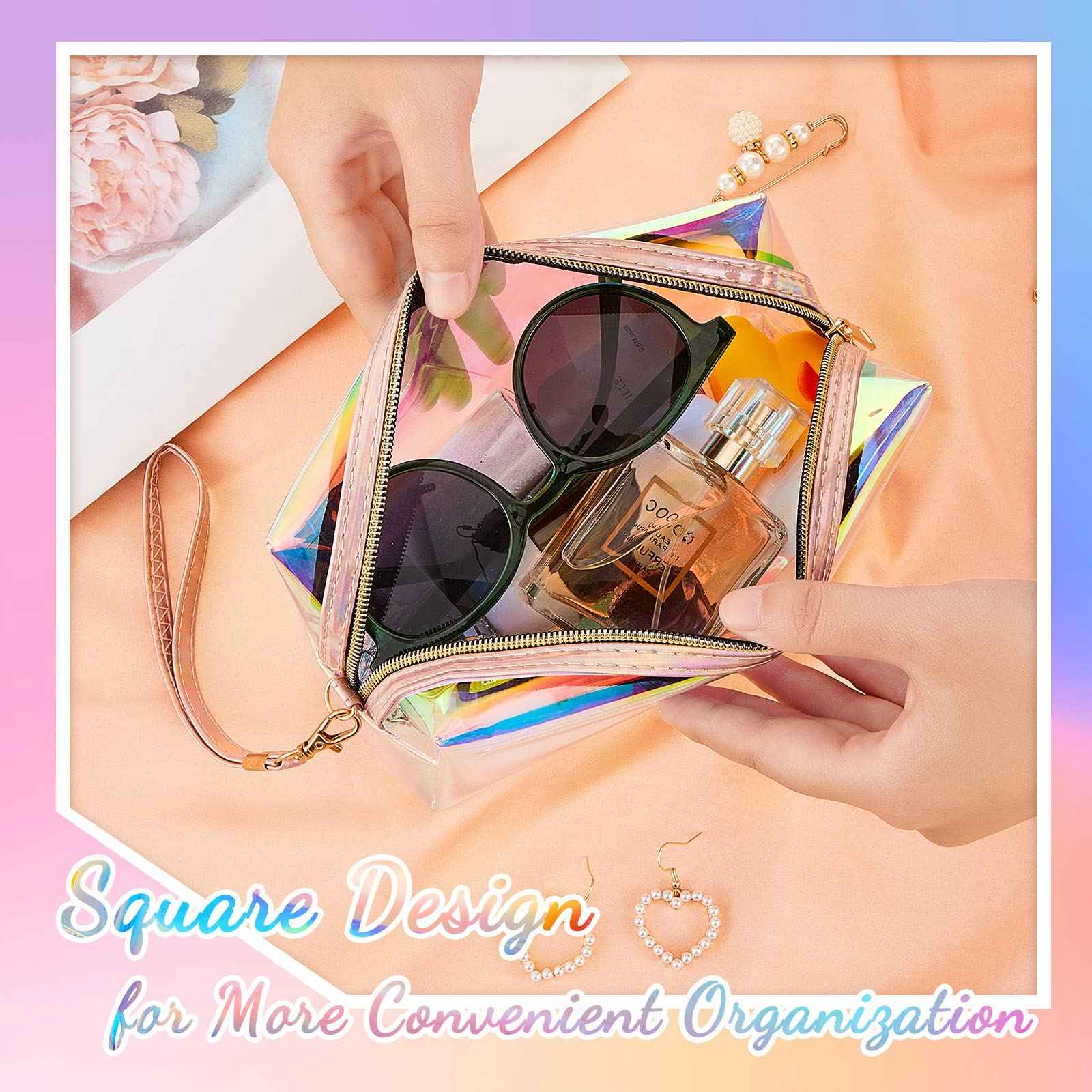 Dunzy 8 Pcs Holographic Iridescent Clear Makeup Bags with Zipper Travel Cosmetic Pouches with Wrist Loop Waterproof Toiletry Organizer Case Home Office Beach Pouch Purse Diaper Vacation Gift Bag(M)