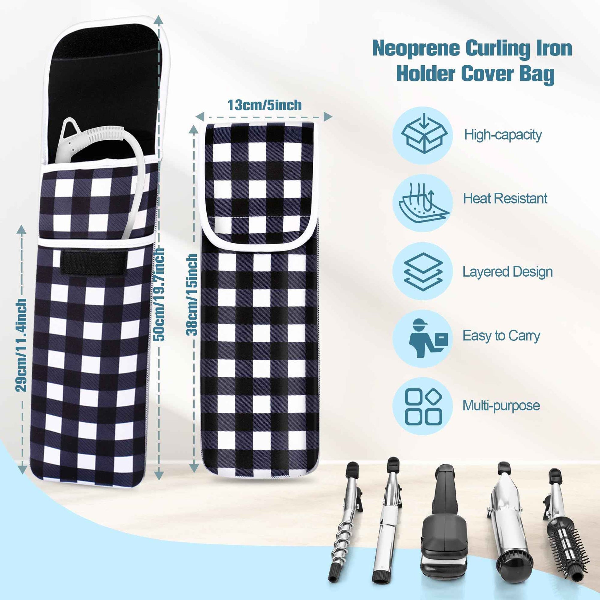 ALEIFLE Women's Heat Resistant Neoprene Curling Iron Holder Flat Iron Curling Wand Travel Storage Cover Case Bag Pouch -Water-Resistant (Black lattice)