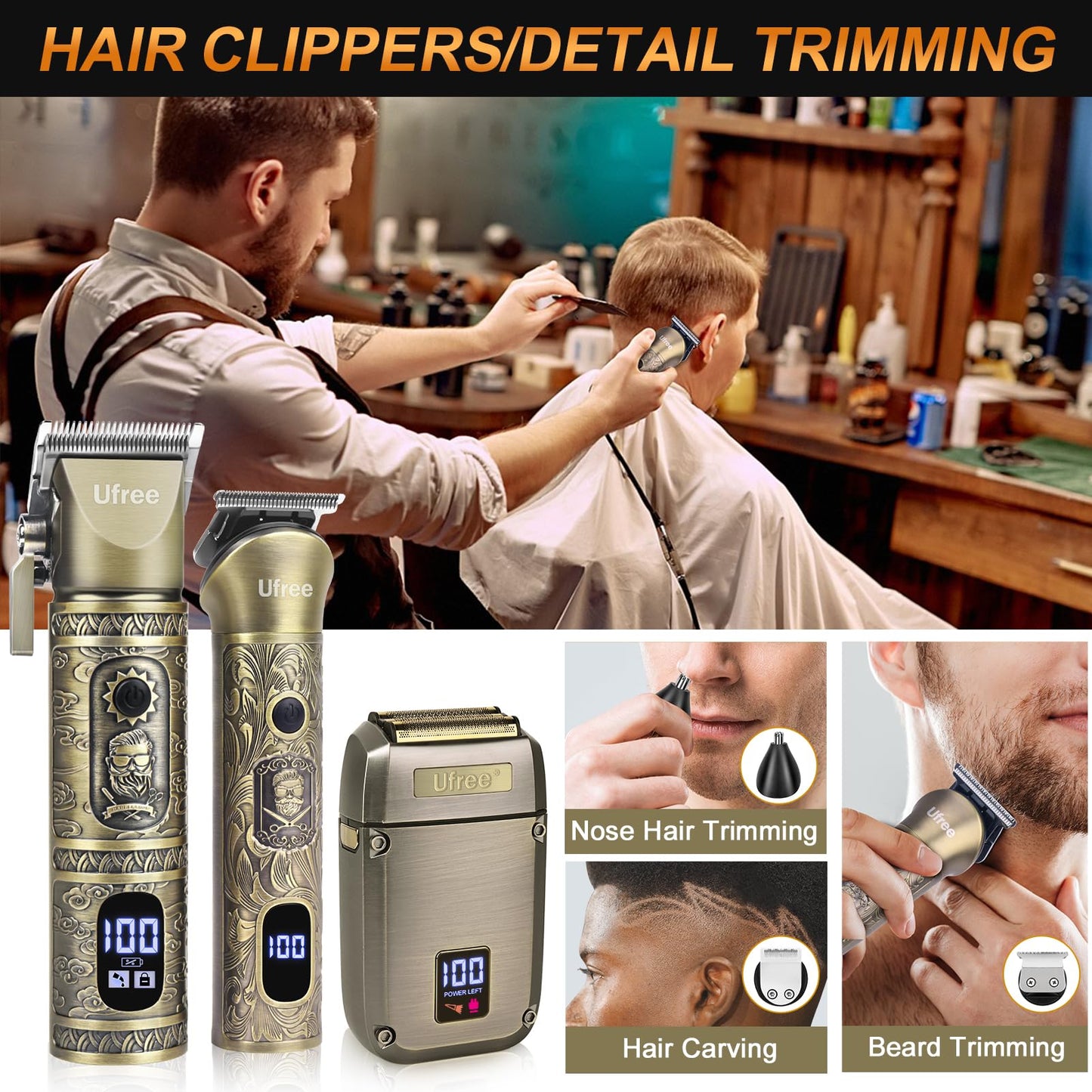 Ufree Hair Clippers for Men Professional, 3 in 1 Beard Trimmer Electric Razor Shavers for Men, Nose Hair Trimmer and Detail Trimmer, Cordless Clippers and Trimmers Set Mens Grooming Kit for Gifts