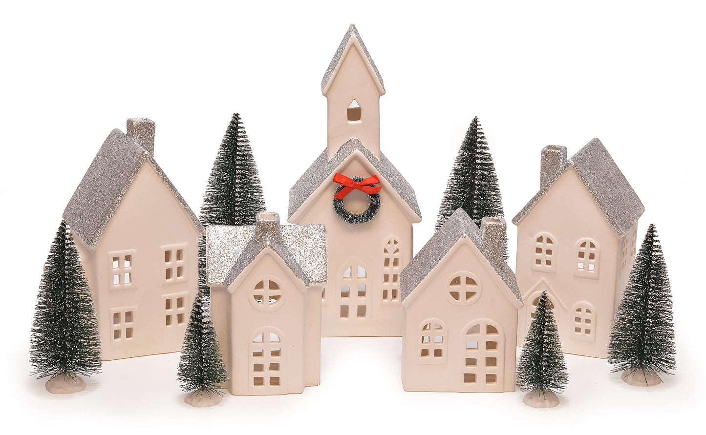 Mark Feldstein & Associates Silver Rooftopped Village with Trees, White Porcelain LED Holiday Figurines, 16 Piece Set, 11 Inch